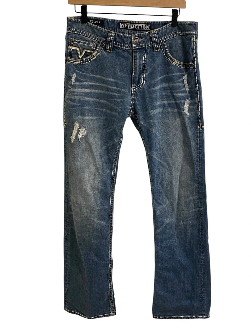AFFLICTION COOPER JEANS MENS SIZE 30 90’s THICK STITCHING WHISKERED GRUNGE Y2K